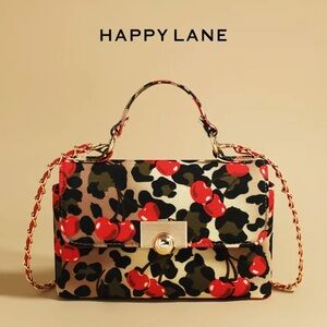 Happy Lane Cherry Leopard Satchel Crossbody Bag Gold Chain Purse NIP